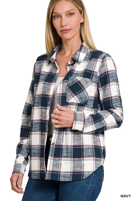 Cotton Plaid Shacket With Front Pocket