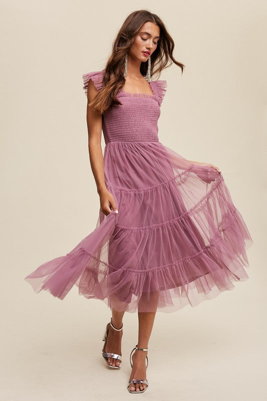 Smocked Ruffle Tiered Mesh Midi Maxi Dress