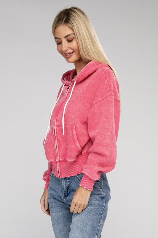 Acid Wash Fleece Cropped Zip-Up Hoodie