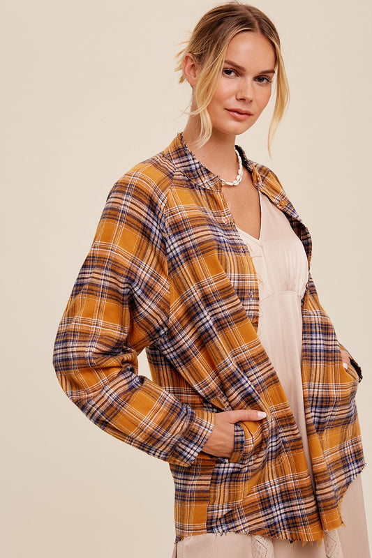 Loose Fit Button-Down Plaid Over Shirt