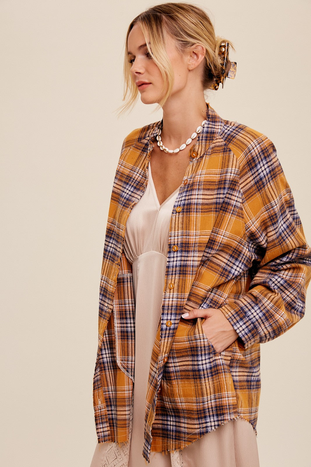 Loose Fit Button-Down Plaid Over Shirt