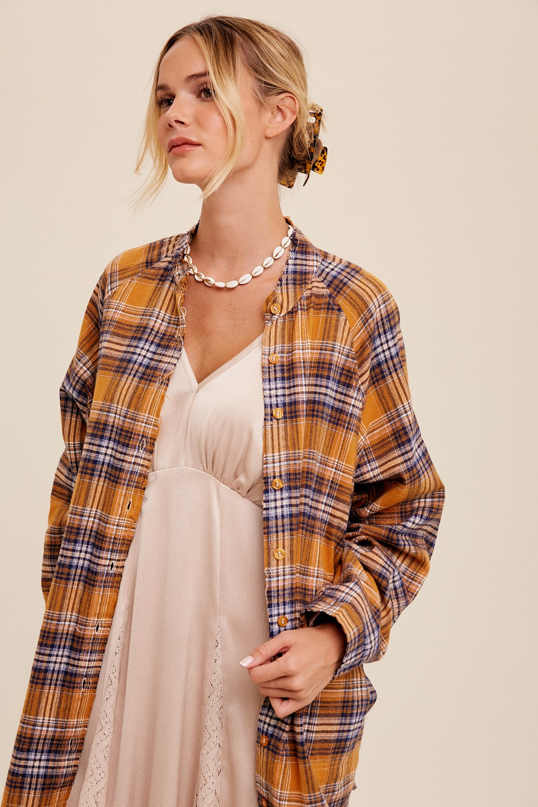 Loose Fit Button-Down Plaid Over Shirt