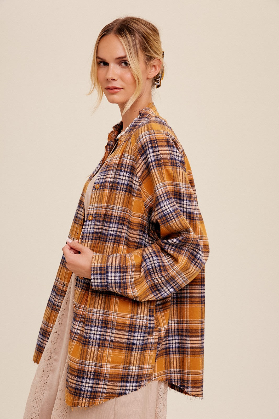 Loose Fit Button-Down Plaid Over Shirt