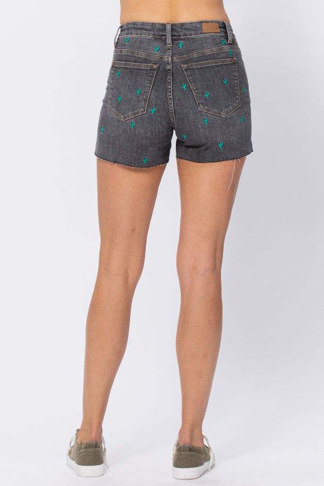 Hi-Waist Cactus Embroidery Cutoff Shorts