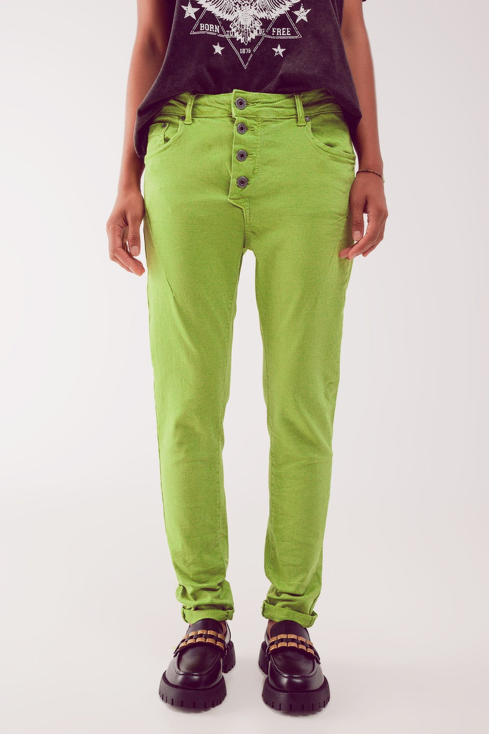 Exposed Button Boyfriend Jean in Green