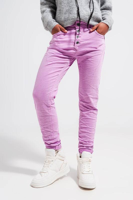 Exposed Buttons Skinny Jean in Pink