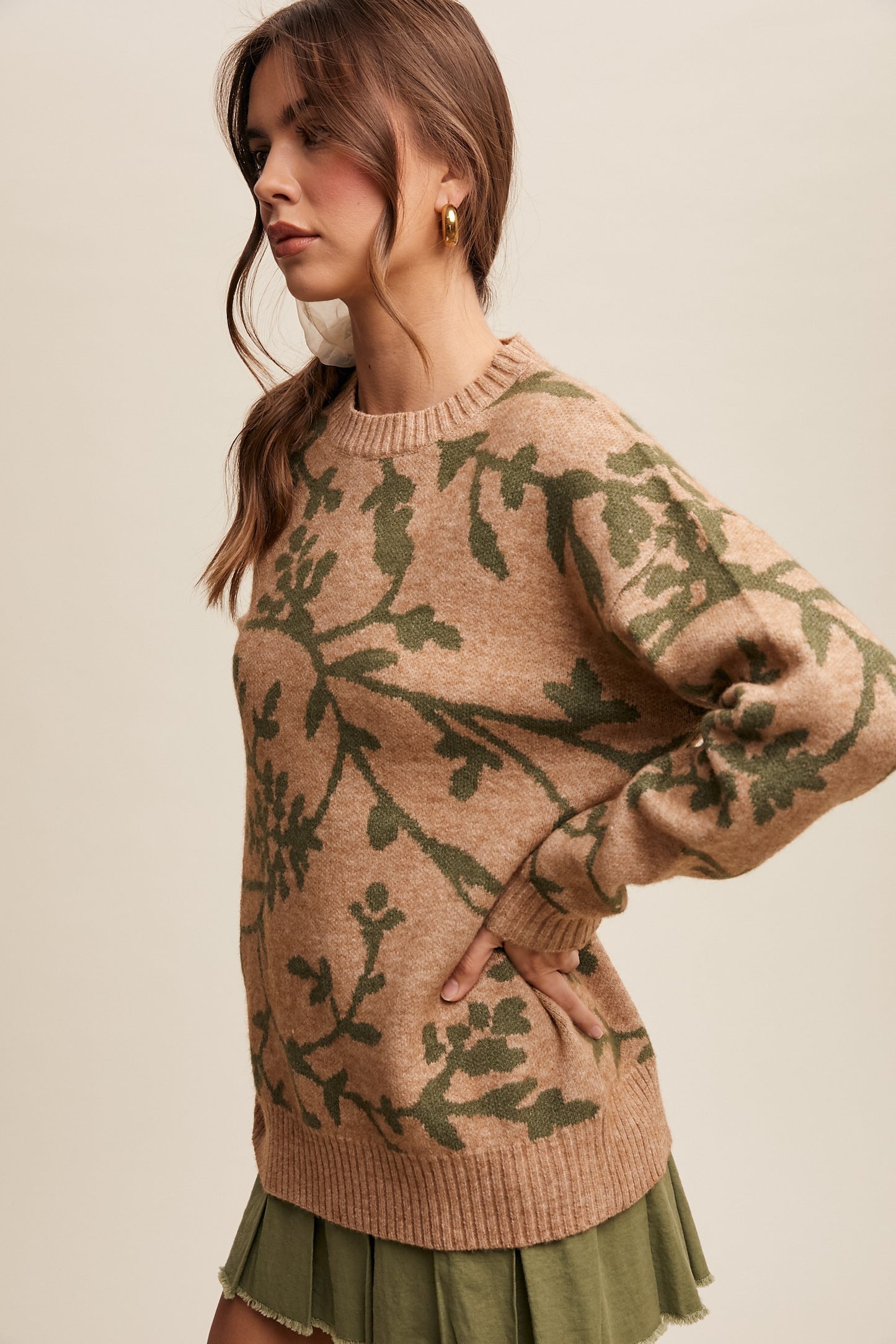 Flower Pattern Crew Neck Knit Sweater in Matcha