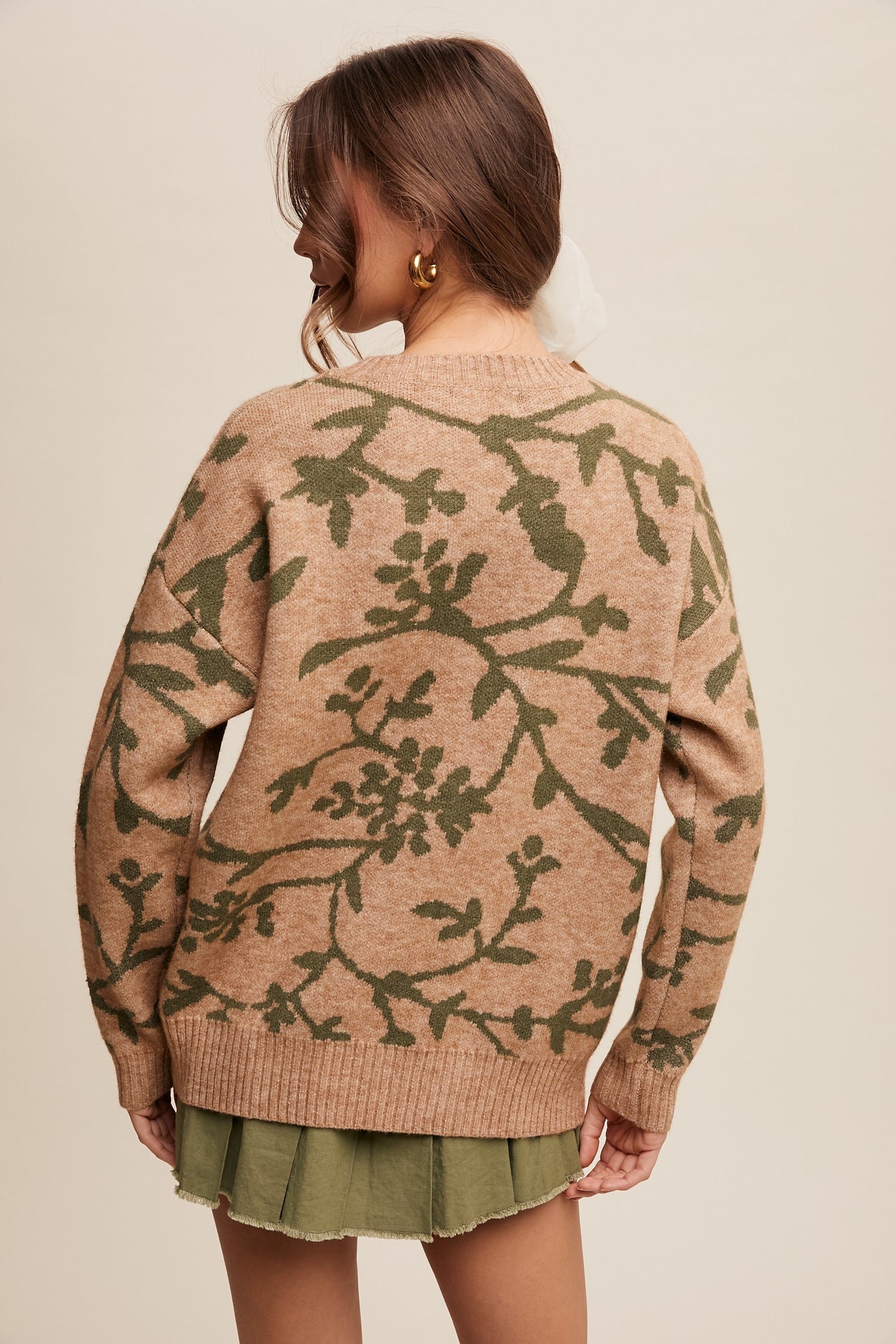 Flower Pattern Crew Neck Knit Sweater in Matcha