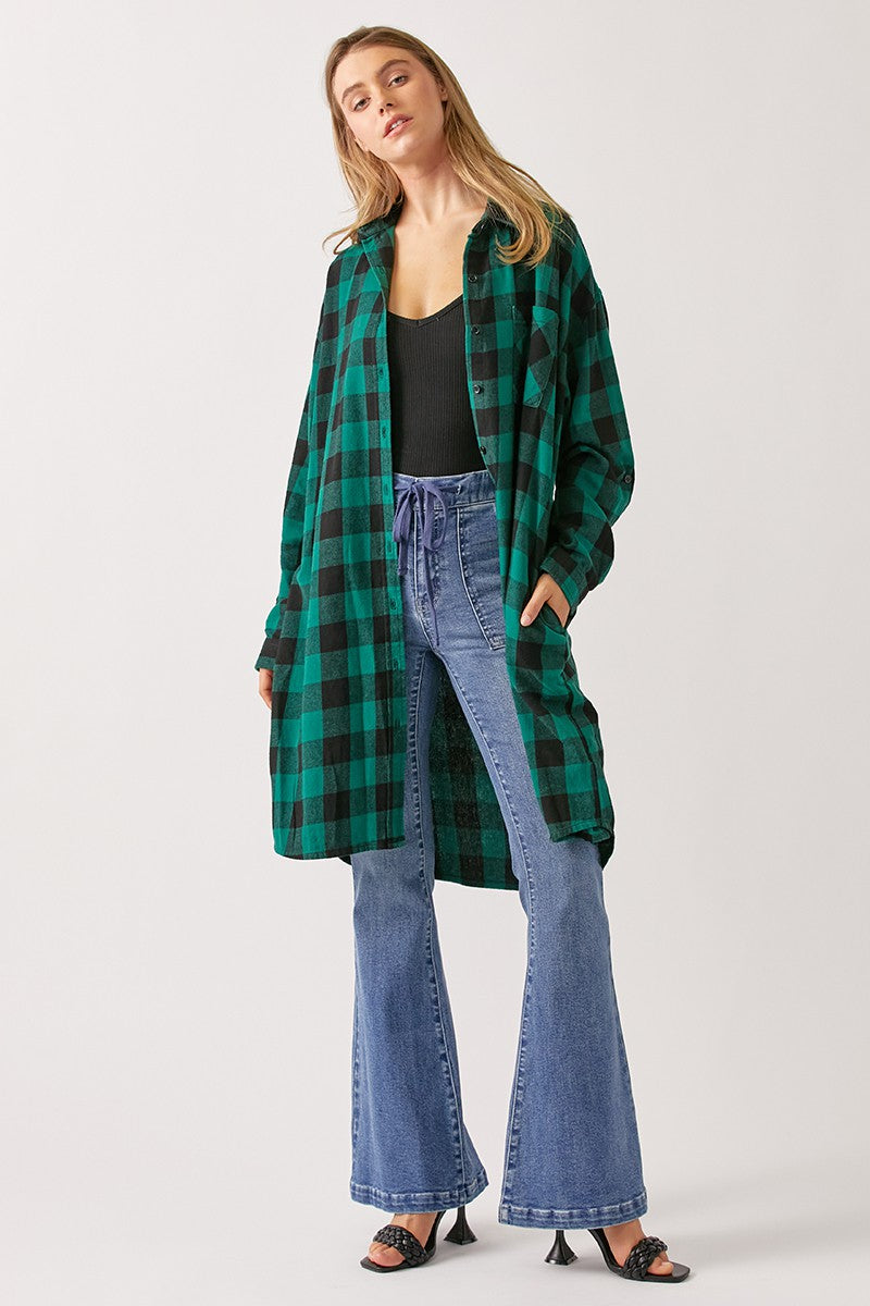 Buffalo Plaid Flannel Long Shirt Jacket in Green