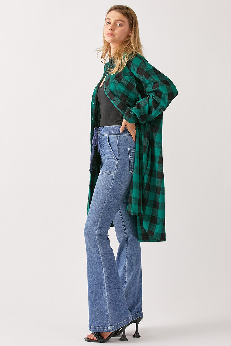 Buffalo Plaid Flannel Long Shirt Jacket in Green