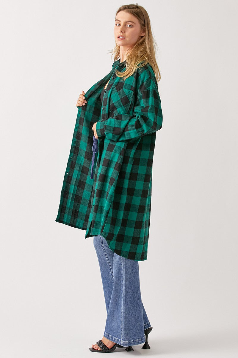 Buffalo Plaid Flannel Long Shirt Jacket in Green