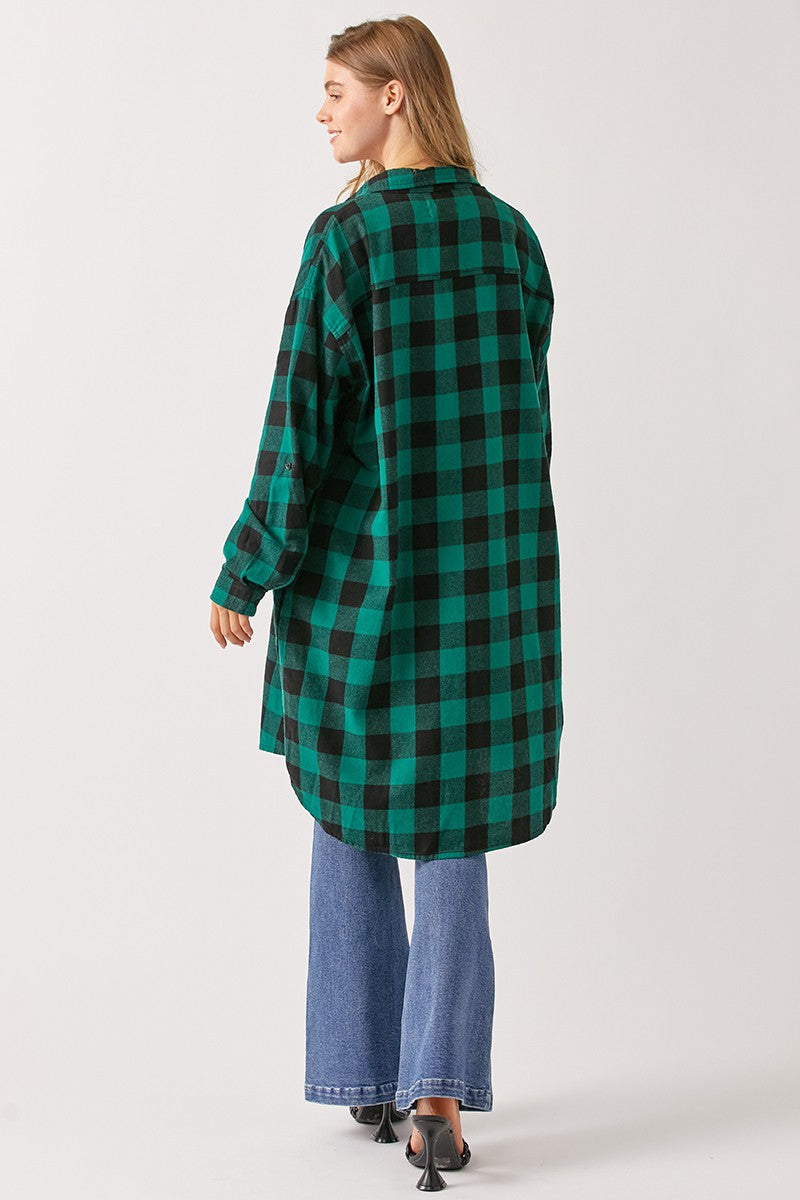 Buffalo Plaid Flannel Long Shirt Jacket in Green