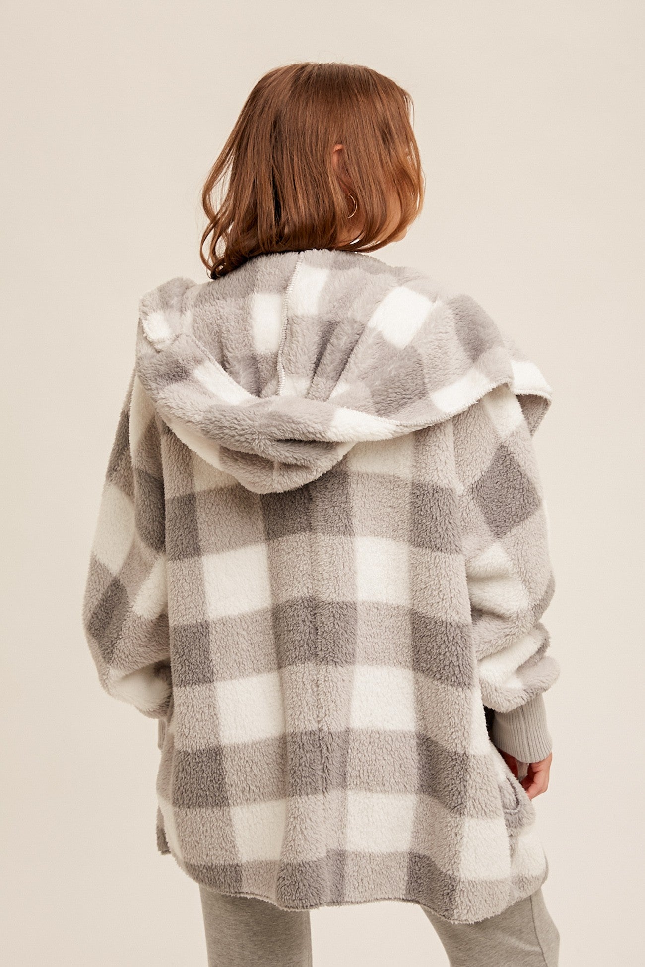 Check Print Sherpa Hooded Cardigan