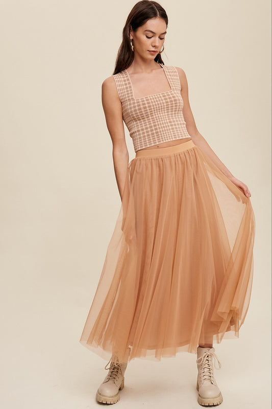 Elastic Waist Maxi Tulle Skirt in Light Clay