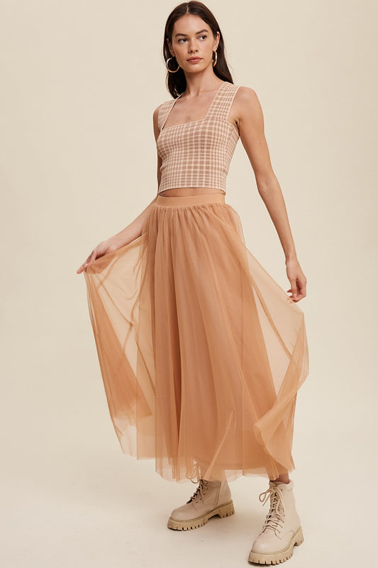 Elastic Waist Maxi Tulle Skirt in Light Clay