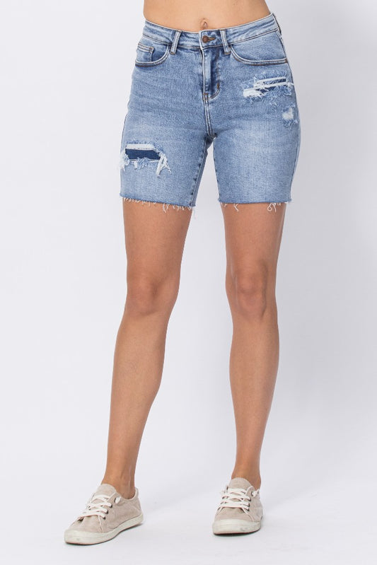 Mid Length Denim Patch Shorts