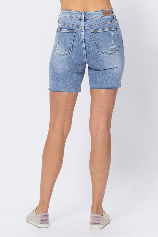 Mid Length Denim Patch Shorts