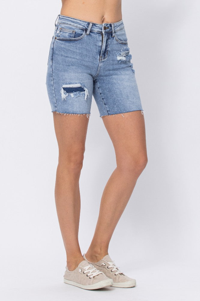 Mid Length Denim Patch Shorts