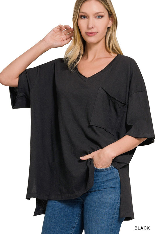 Oversized Front Pocket Raw Edge Top