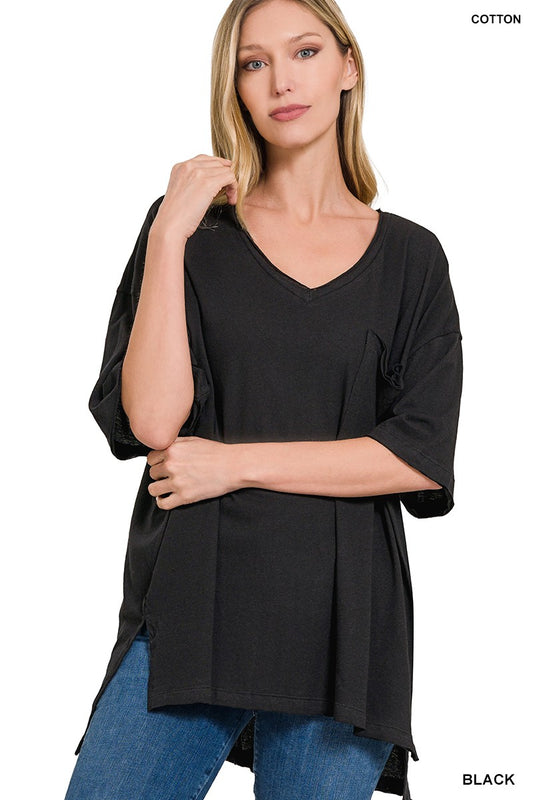 Oversized Front Pocket Raw Edge Top