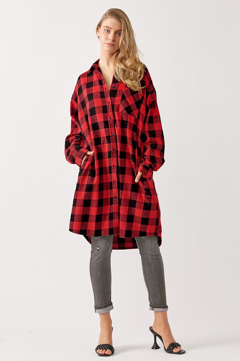 Buffalo Plaid Flannel Long Shirt Jacket in Red