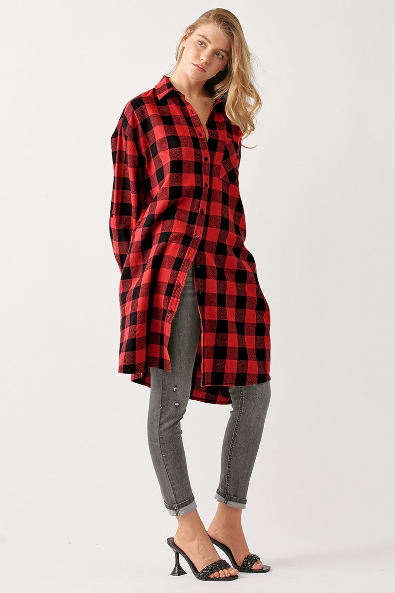 Buffalo Plaid Flannel Long Shirt Jacket in Red