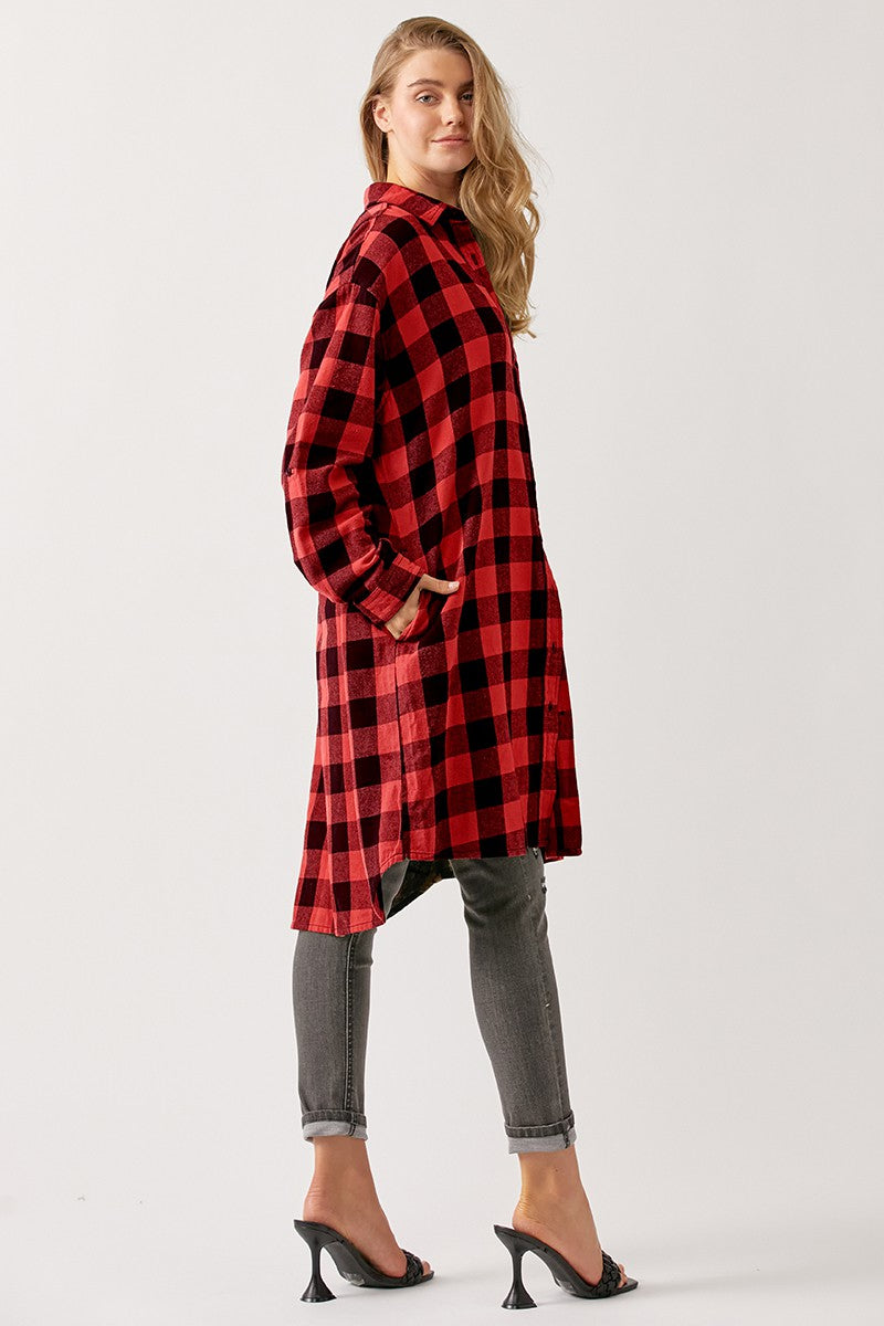 Buffalo Plaid Flannel Long Shirt Jacket in Red