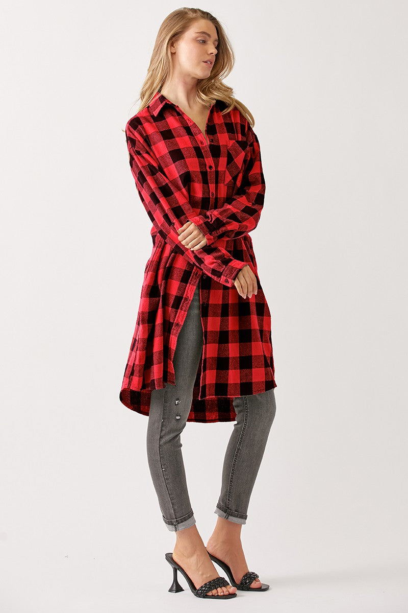 Buffalo Plaid Flannel Long Shirt Jacket in Red