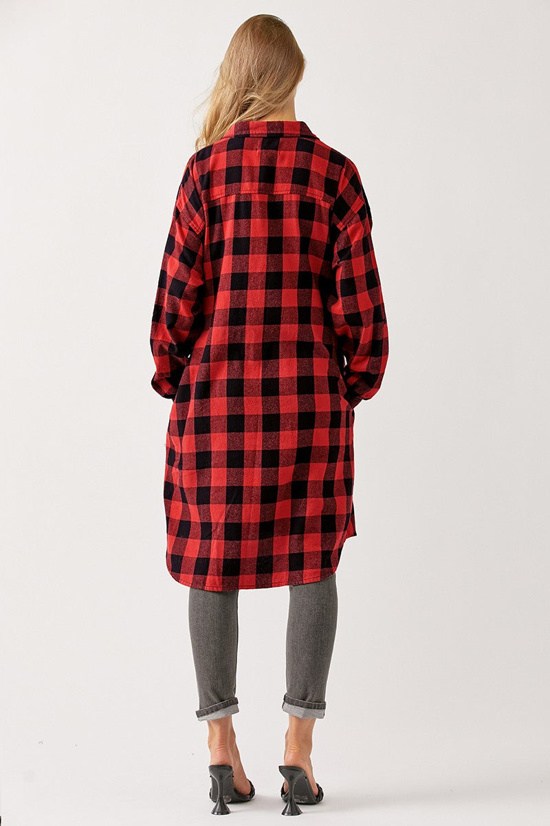 Buffalo Plaid Flannel Long Shirt Jacket in Red