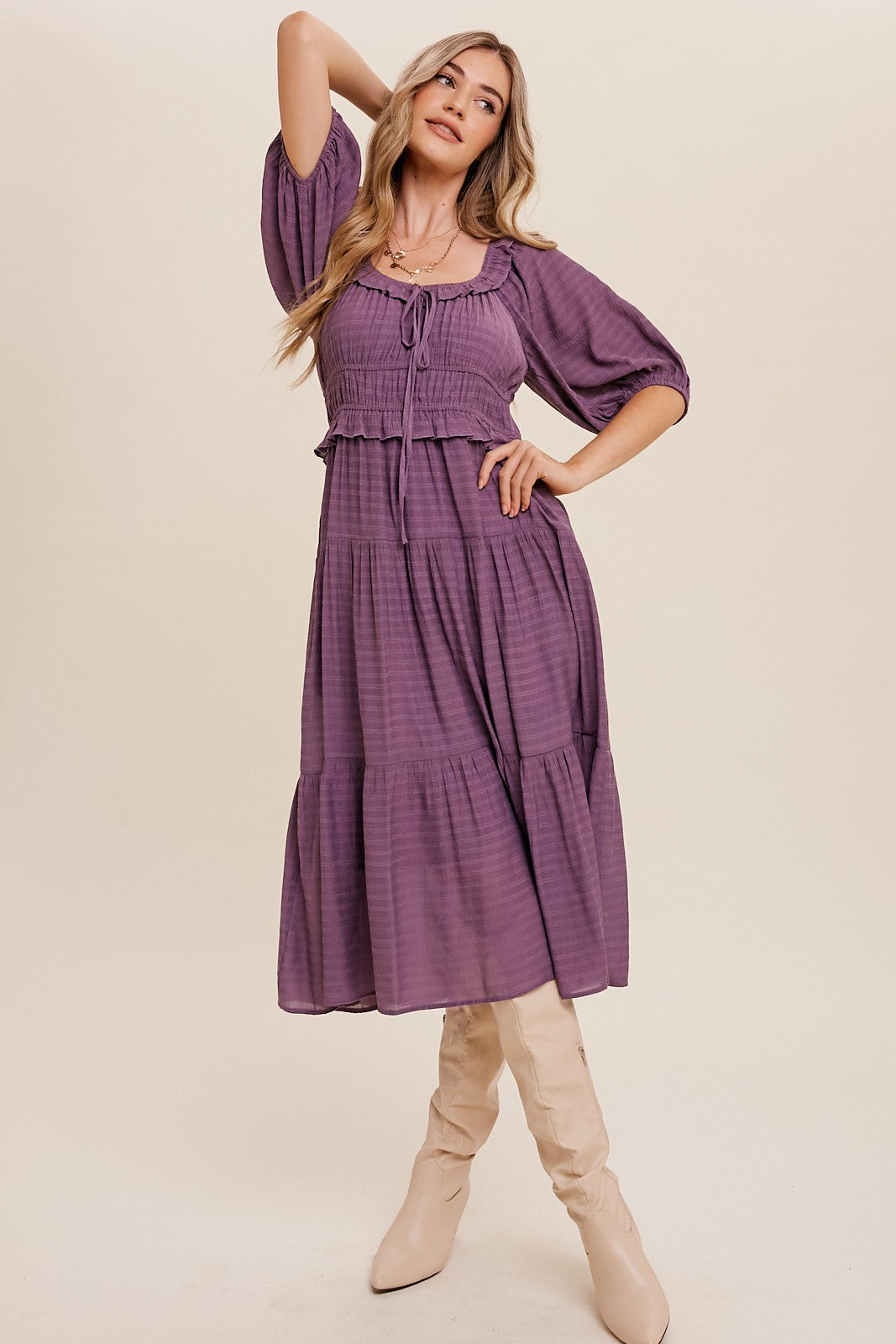 Ruffle Front Tie Tiered Maxi Dress in Lavender