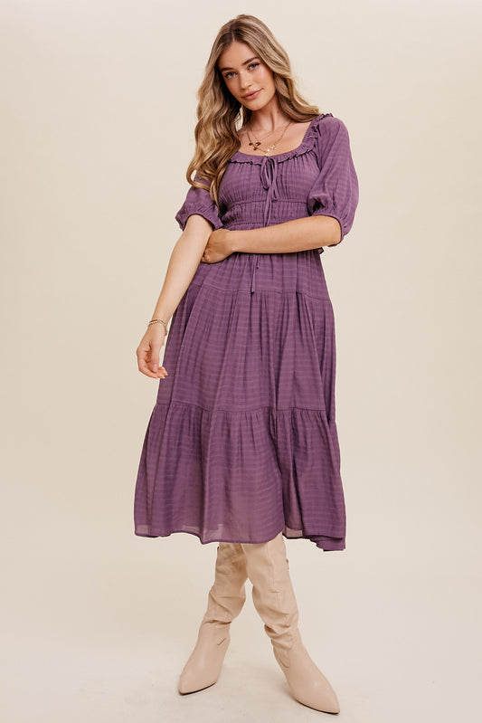 Ruffle Front Tie Tiered Maxi Dress in Lavender