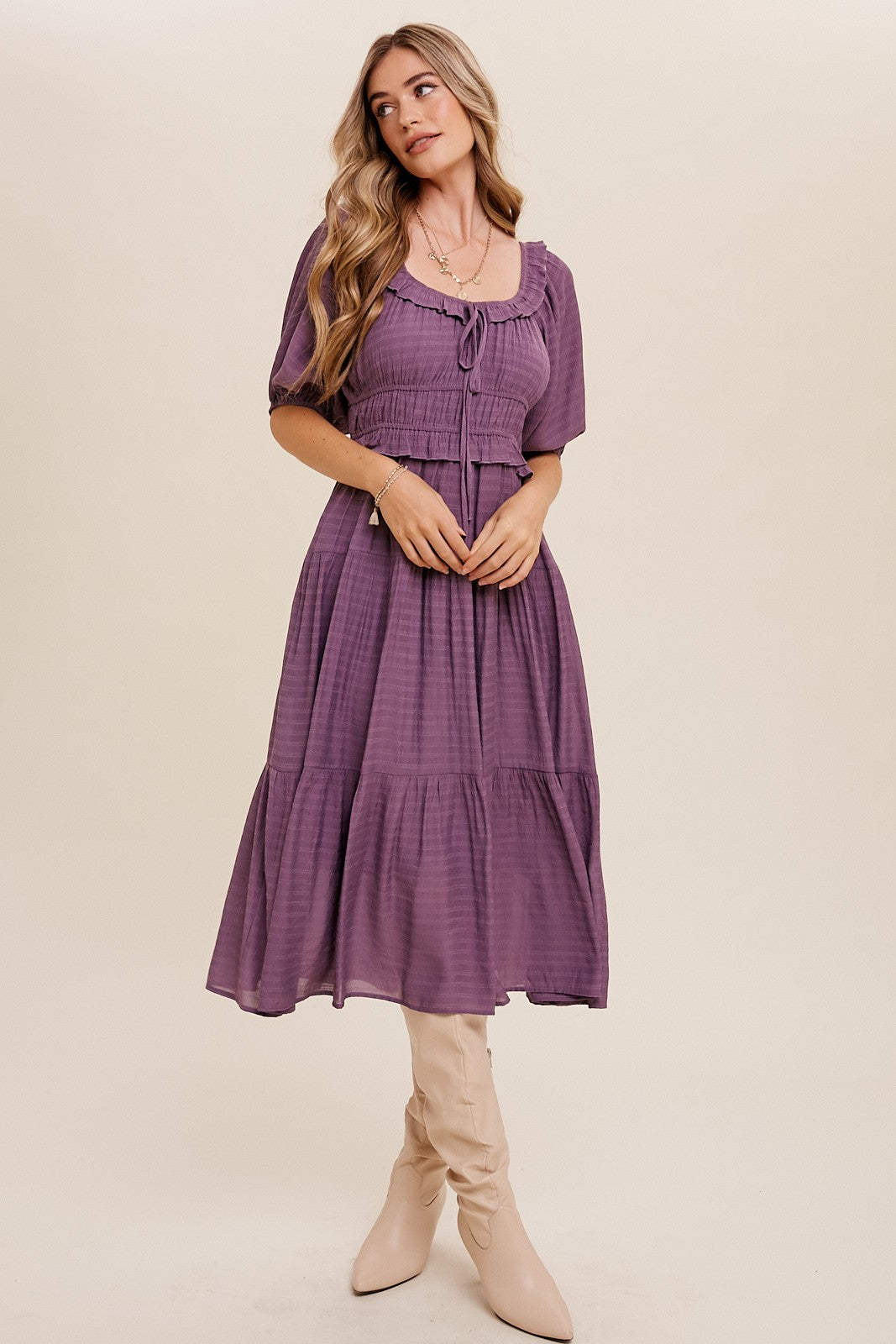 Ruffle Front Tie Tiered Maxi Dress in Lavender