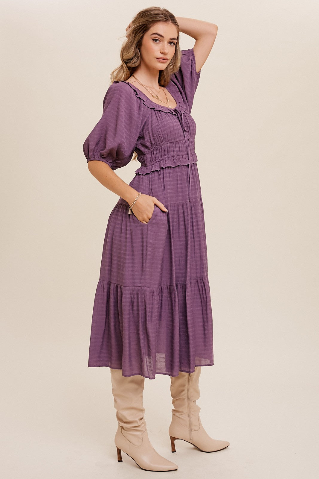 Ruffle Front Tie Tiered Maxi Dress in Lavender