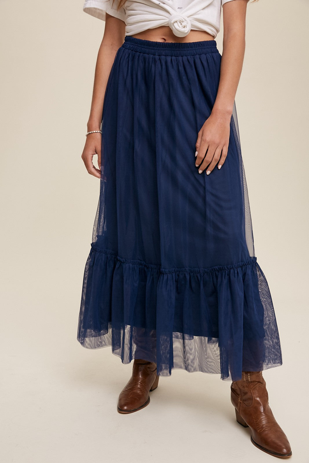 Ruffled Tulle Skirt in Navy