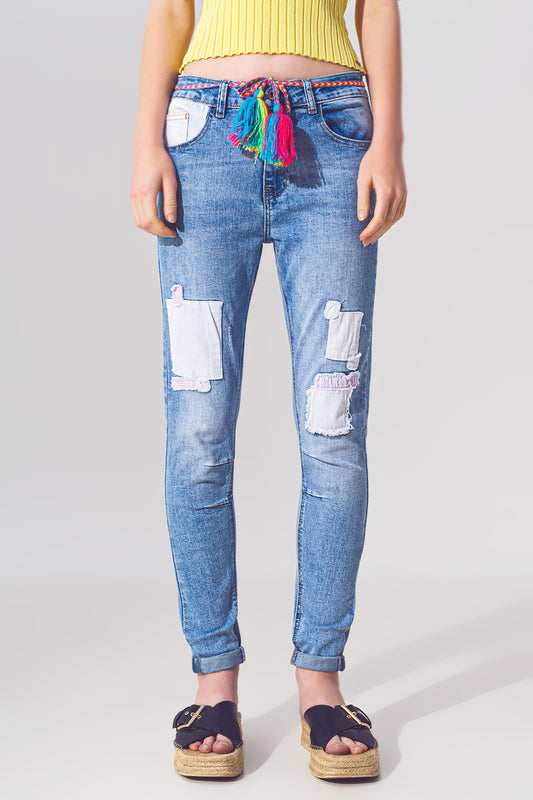 Skinny Jean in Mid Wash and Belt Detail