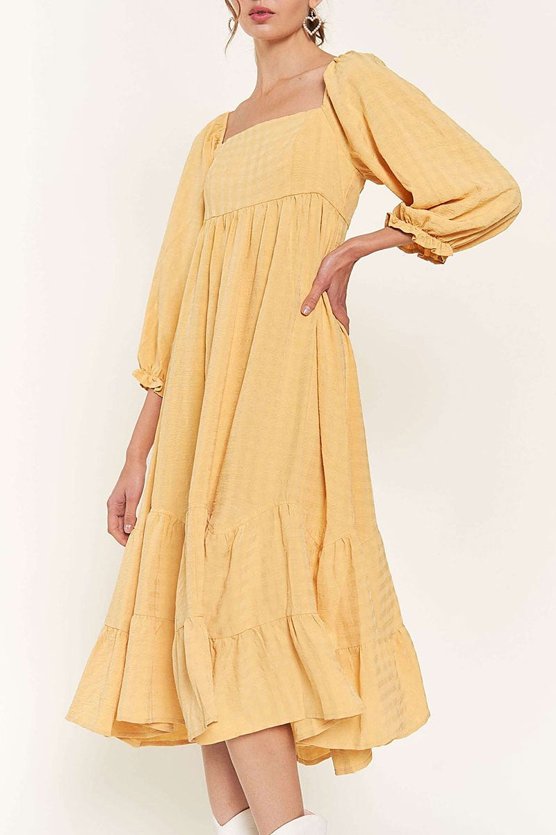 Square Neck 3/4 Sleeve Smocked Midi Dress in Yellow