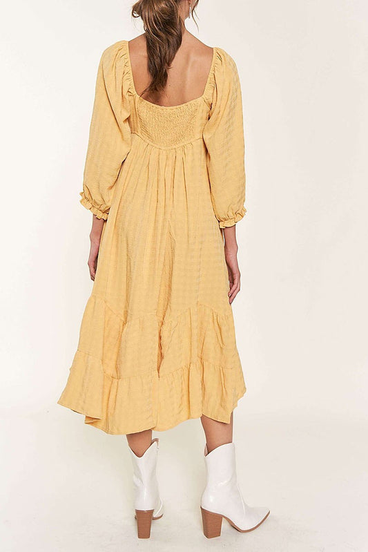 Square Neck 3/4 Sleeve Smocked Midi Dress in Yellow