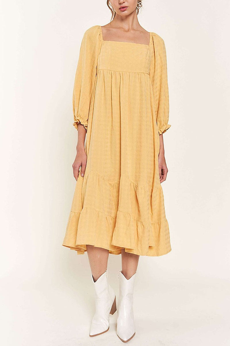 Square Neck 3/4 Sleeve Smocked Midi Dress in Yellow