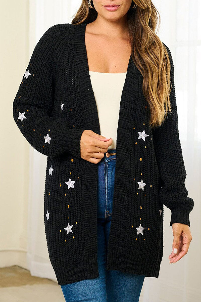 Black Open Front Embroidered Star Cardigan