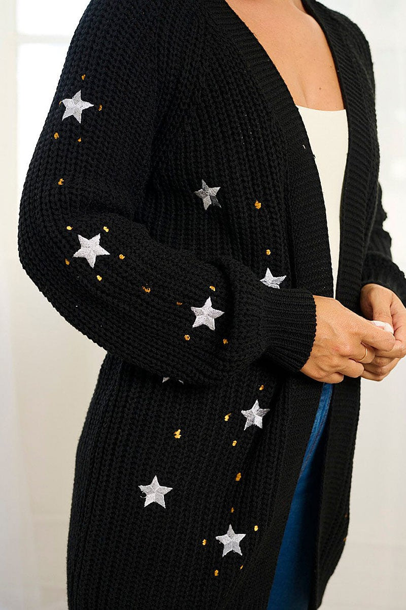 Black Open Front Embroidered Star Cardigan