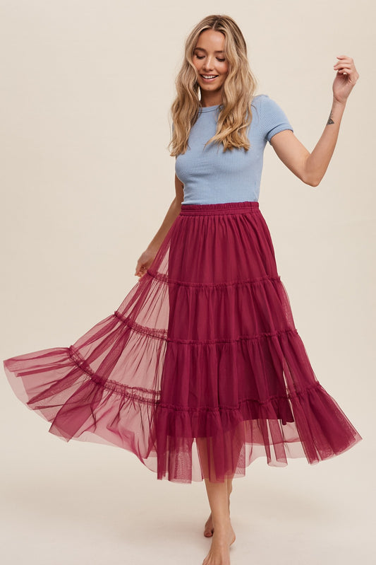 Tiered Tulle Skirt in Magenta