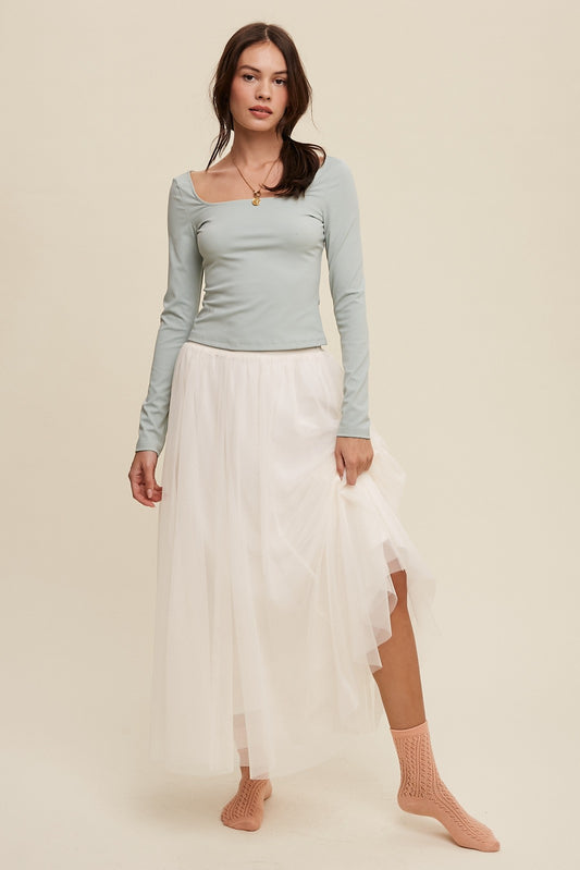 Elastic Waist Maxi Tulle Skirt in Cream