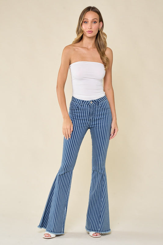 Distressed Striped Flare Denim Pants