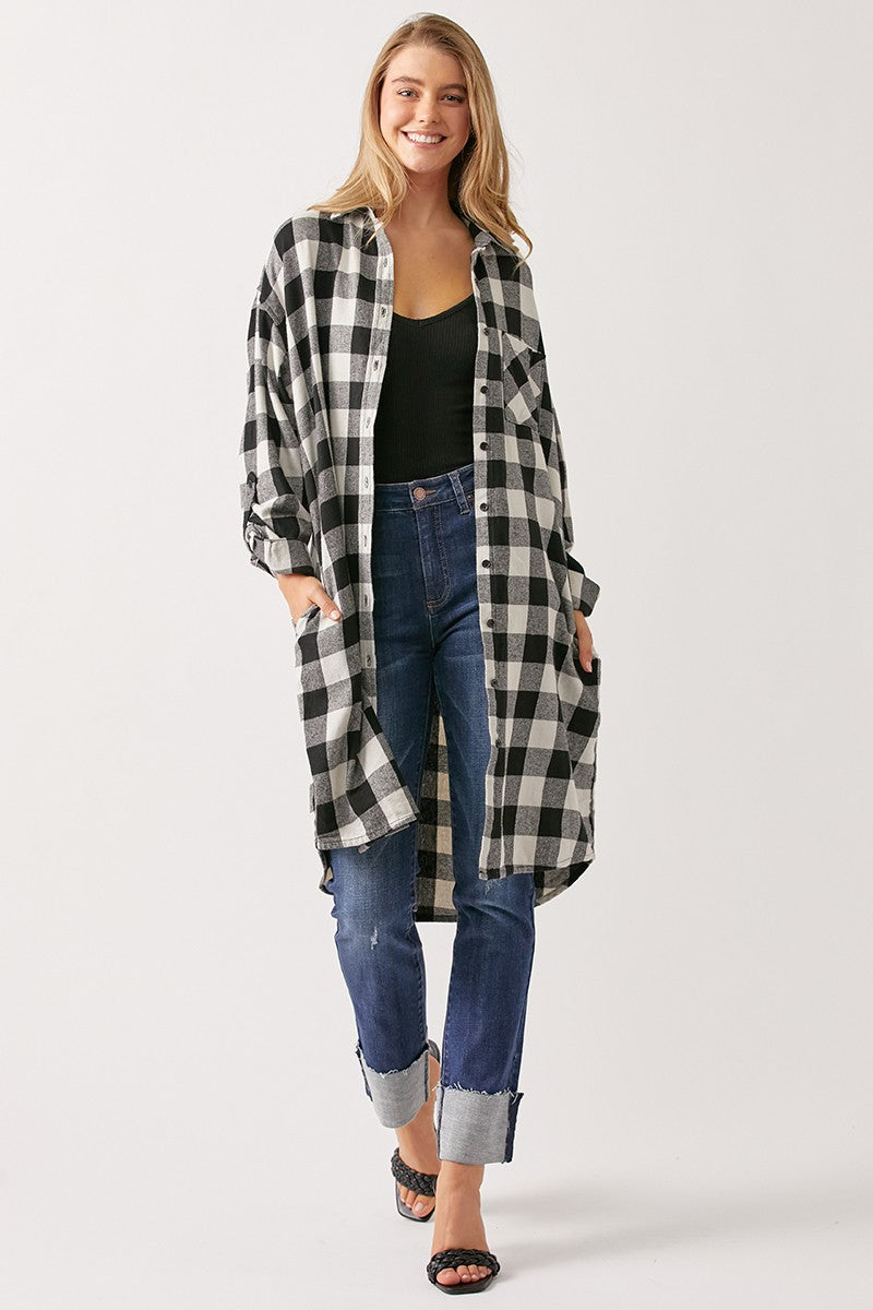 Buffalo Plaid Flannel Long Shirt Jacket in White