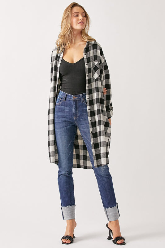 Buffalo Plaid Flannel Long Shirt Jacket in White