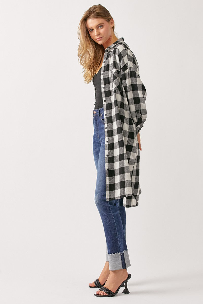 Buffalo Plaid Flannel Long Shirt Jacket in White