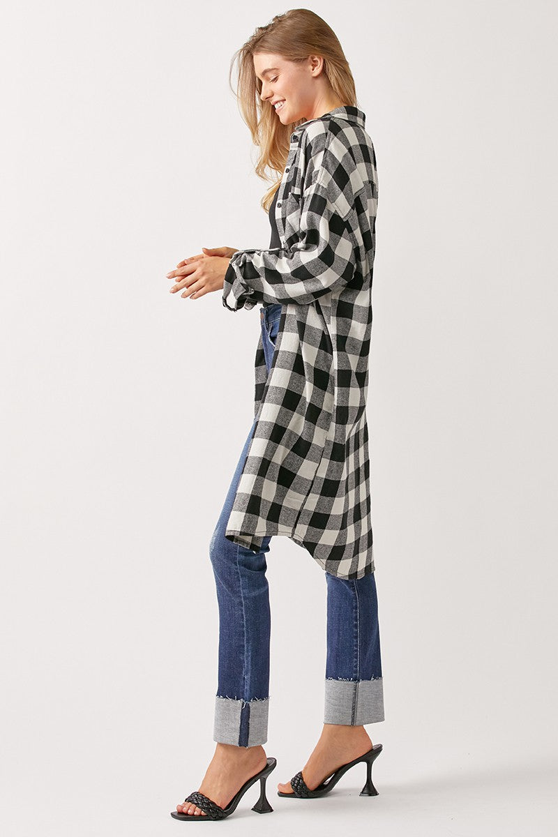 Buffalo Plaid Flannel Long Shirt Jacket in White