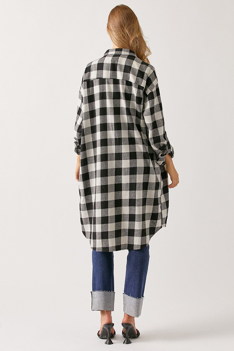 Buffalo Plaid Flannel Long Shirt Jacket in White