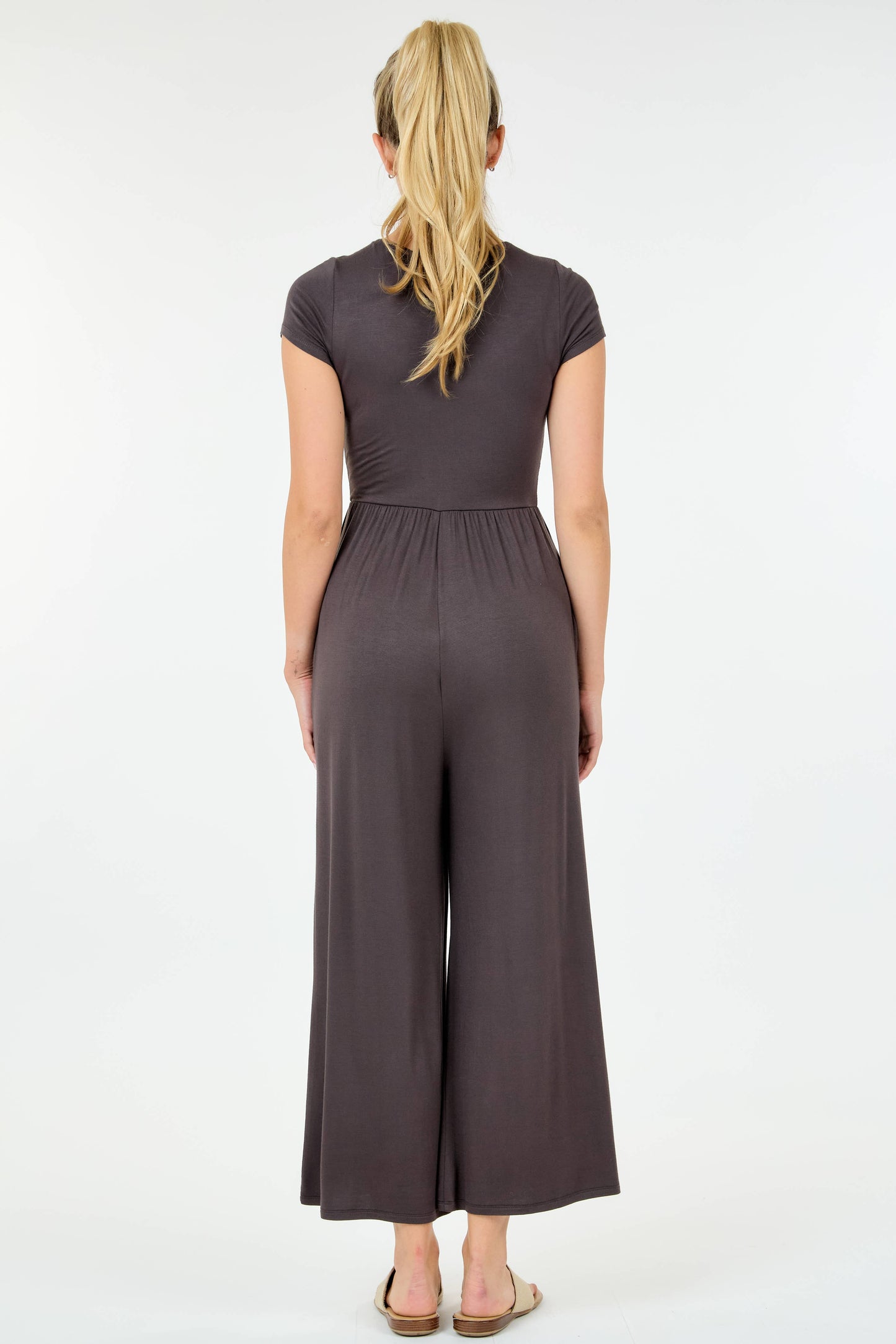 Round Neck Short Sleeve Jumpsuit in Brown