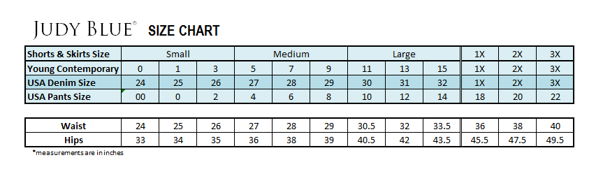 Judy Blue size chart